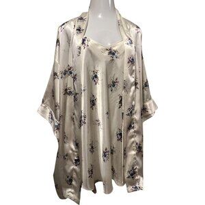 Cacique Floral Satin Belted Robe and Gown, Ivory, M